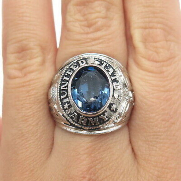 CREST CRAFT 925 Sterling Silver Antique Art Deco Blue Glass US Army Ring Size 8 - Picture 1 of 9